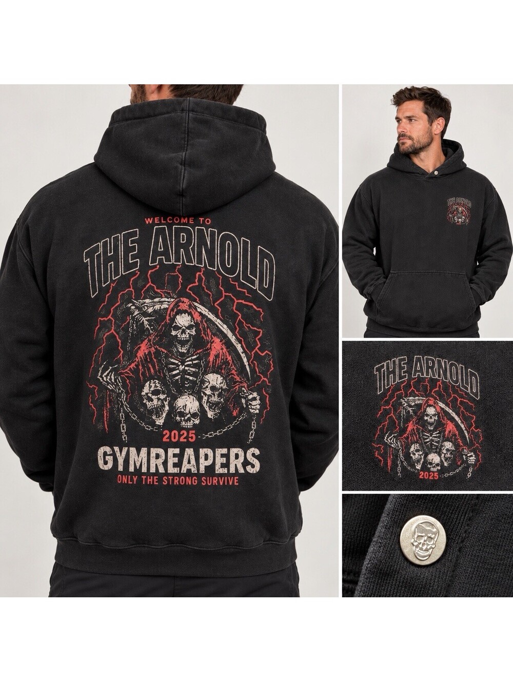 Gymreapers Arnold 2025 Skull Graphic Black Pullover Hoodie Men’s CrossFit Gym